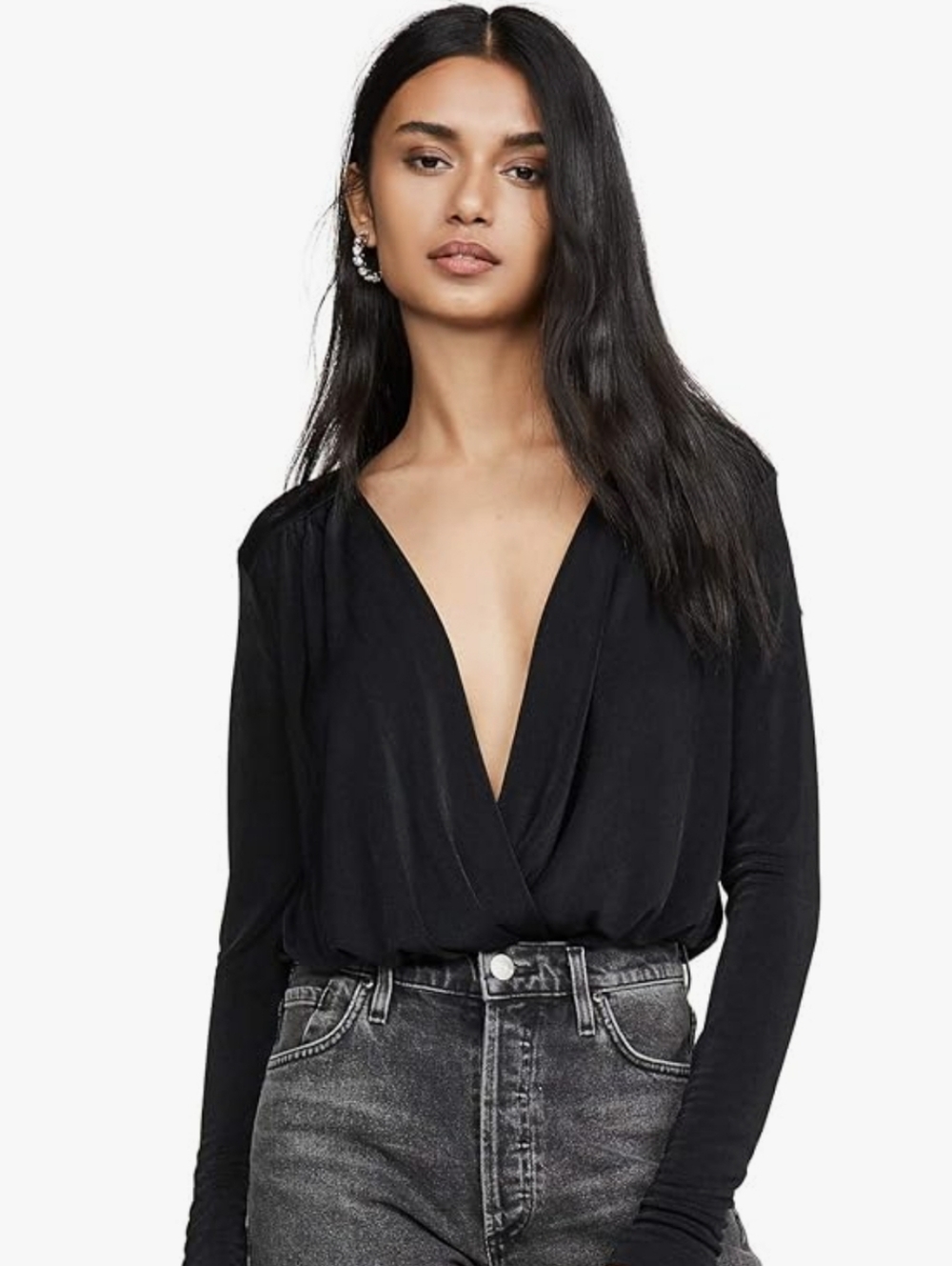 Free People Turnt Black Wrap-Front Long Sleeve Bodysuit